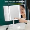 360Â° Adjust Foldable Makeup Mirror With LED Light Rechargeable Wireless 1-3X Magnifying 3 Tone Light Desktop Vanity Mirror Table